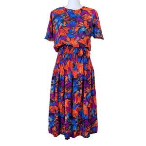 Tropical Layered Size 10 Elastic Waist Floral Flowy Bow Hawaiian Maxi EUC Tiered